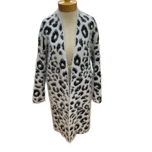Thyme + Honey Open Front Duster Length Medium Cardigan Animal Print Ivory Black